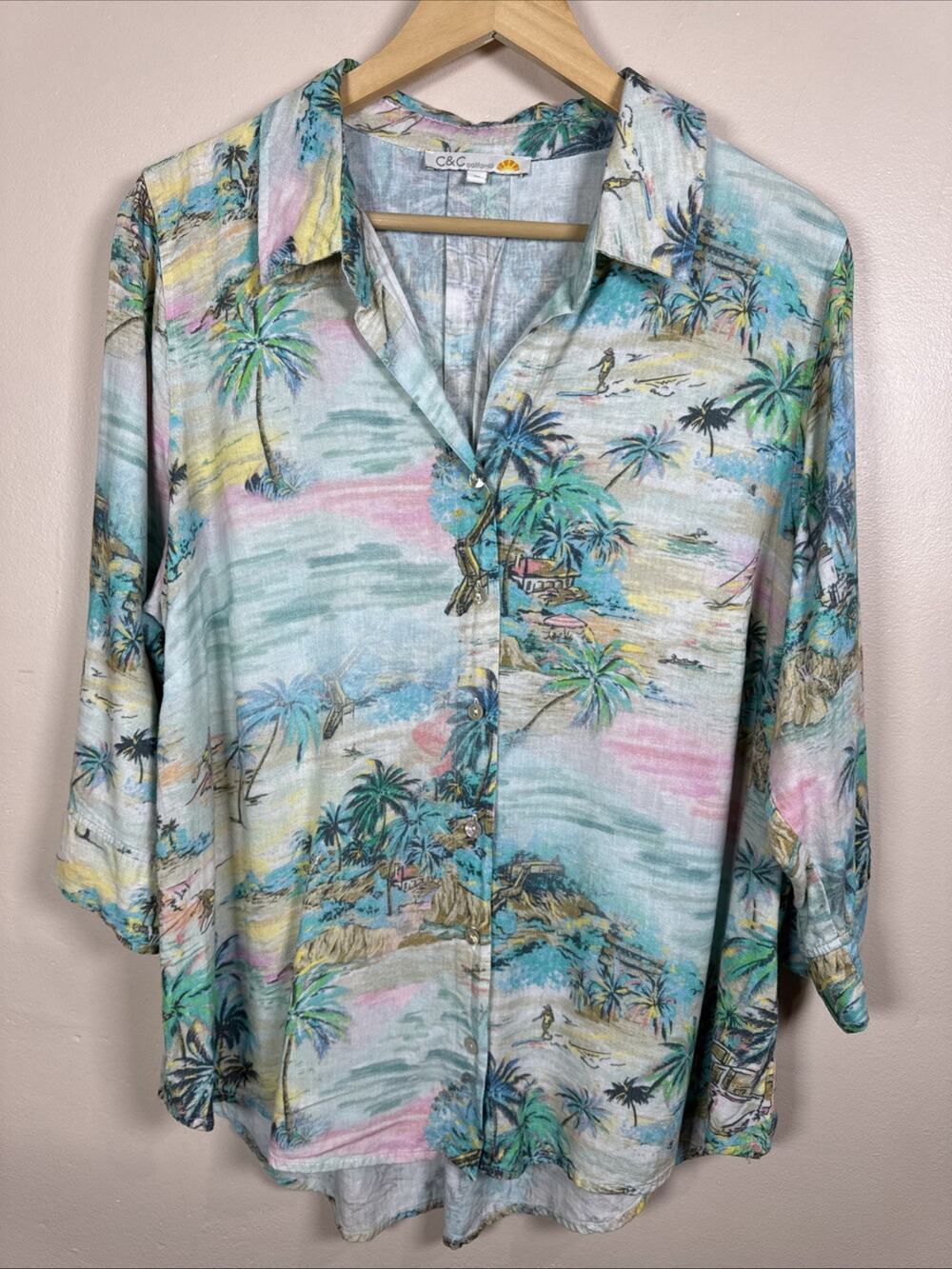 C&C California Womens Plus Size Button Down Linen Blend Tropical 1X Vacation